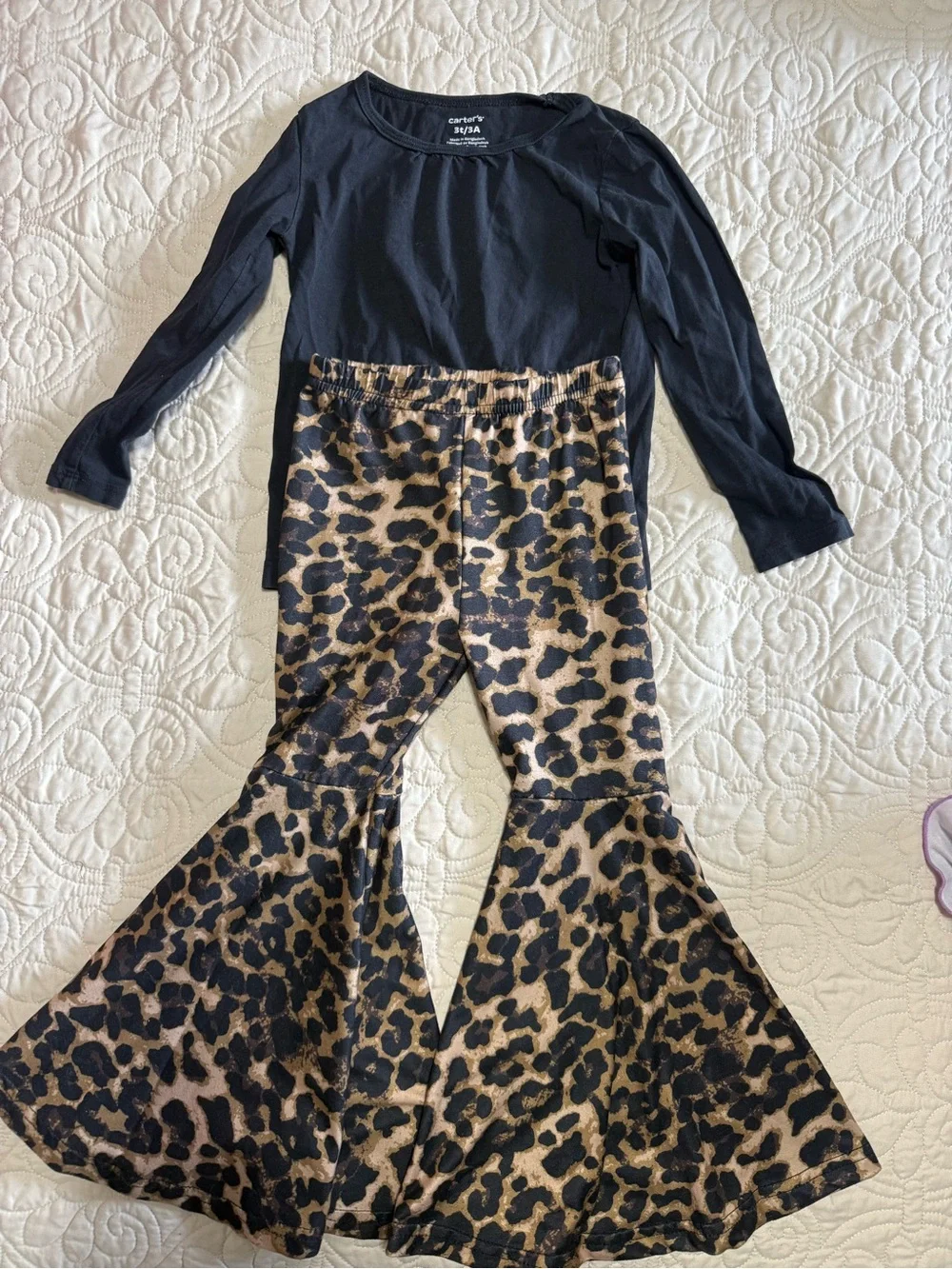 Girls toddler 3T cheetah Bell Bottom Pants and black Carter’s top